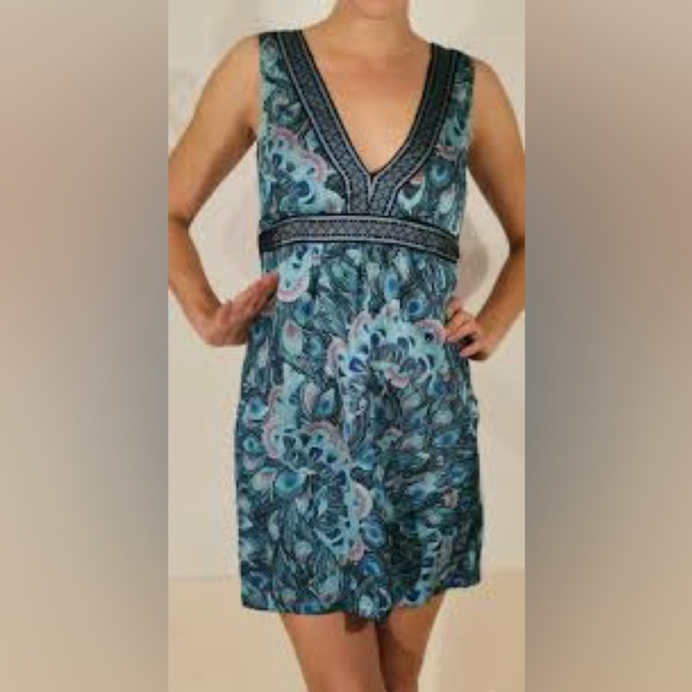 H&M Blue and Purple Peacock Print Deep V Belted Sleeveless Mini Dress